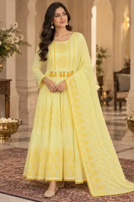 Pastel Yellow Printed Anarkali Suit