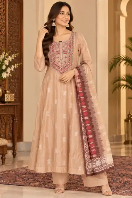 Peach Embroidered Anarkali Suit with Printed Dupatta