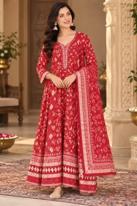 Red Printed Anarkali Suit with Traditional Border