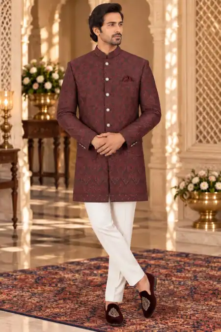 Regal Burgundy Patterned Jodhpuri Suit