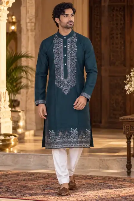 Regal Deep Teal Floral Embroidered Kurta
