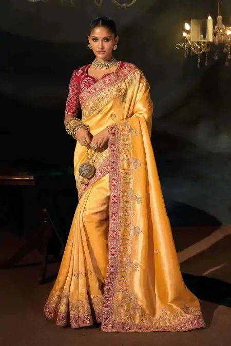 Regal Mustard Gold Silk Saree with Intricate Maroon Zari Embroidery