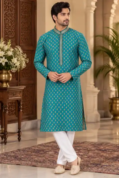 Regal Teal Blue Gold Motif Kurta