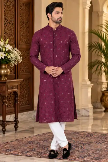 Regal Wine Maroon Floral Motif Kurta