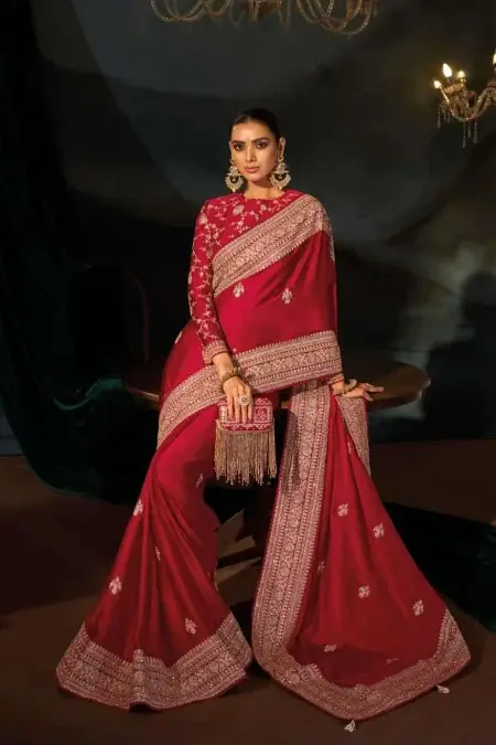 Royal Crimson Red Zari Embroidered Wedding Saree