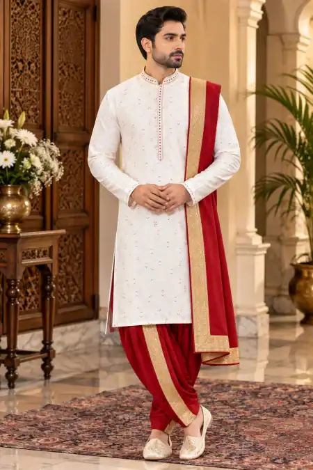 Royal Ivory & Crimson Red Dhoti Kurta Set