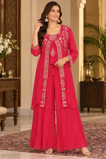 Ruby Pink Embroidered Jacket Palazzo