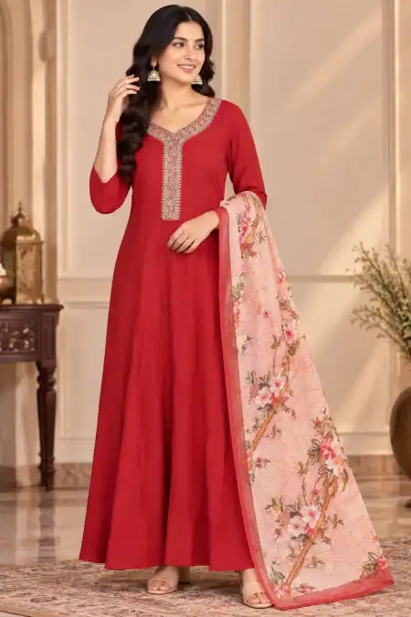 Ruby Red Anarkali Salwar Kameez with Floral Dupatta