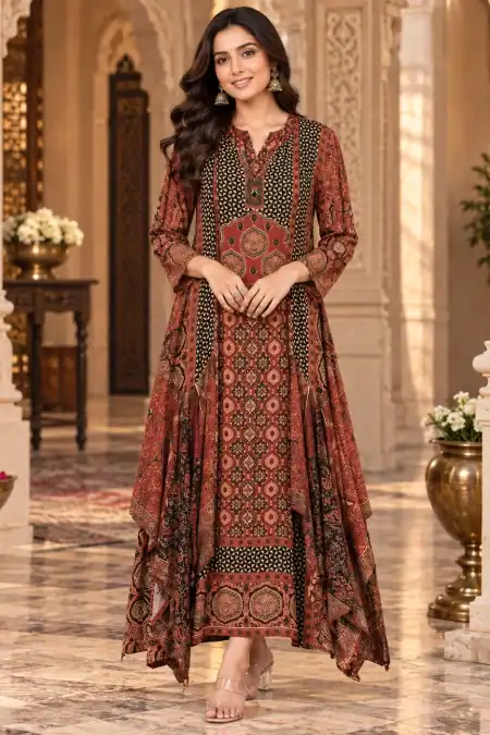 Rust & Black Printed Flared Kurti with Layered Panels