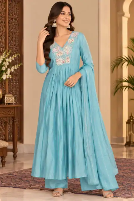 Sky Blue Floral Embroidered Kurti