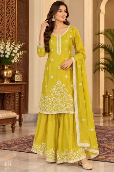Sunshine Yellow Embroidered Palazzo Suit with Dupatta