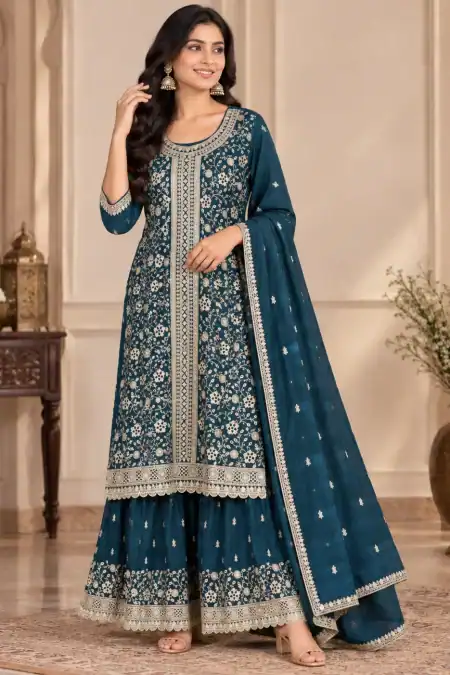 Teal Blue Embroidered Palazzo Suits