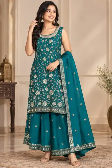 Teal Floral Printed Palazzo Salwar Kameez