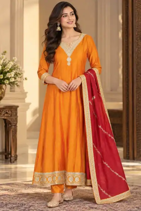 Vibrant Orange Anarkali Suit with Maroon Dupatta