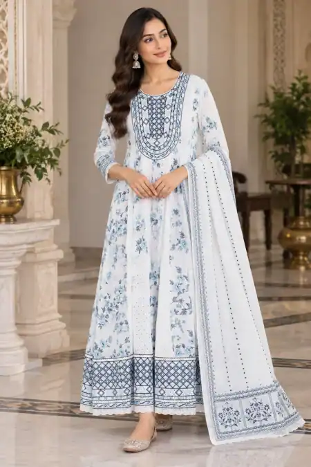 White & Powder Blue Floral Anarkali Suit